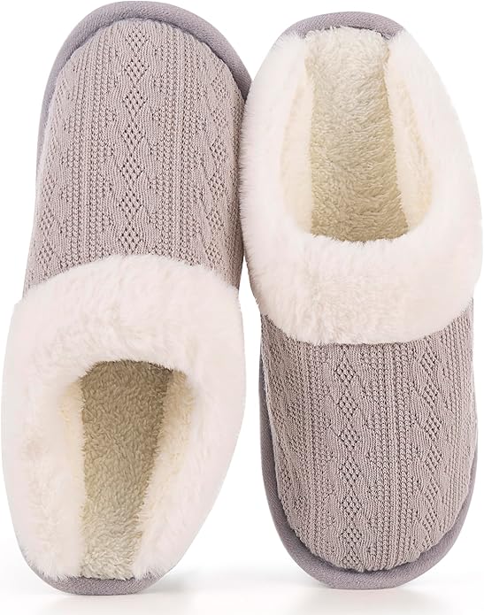LOKIMSI Women's Cozy Knit Slippers with Faux Fur Lining Memory Foam - Non-Slip Rubber Sole Indoor/Outdoor Winter House Sho...
