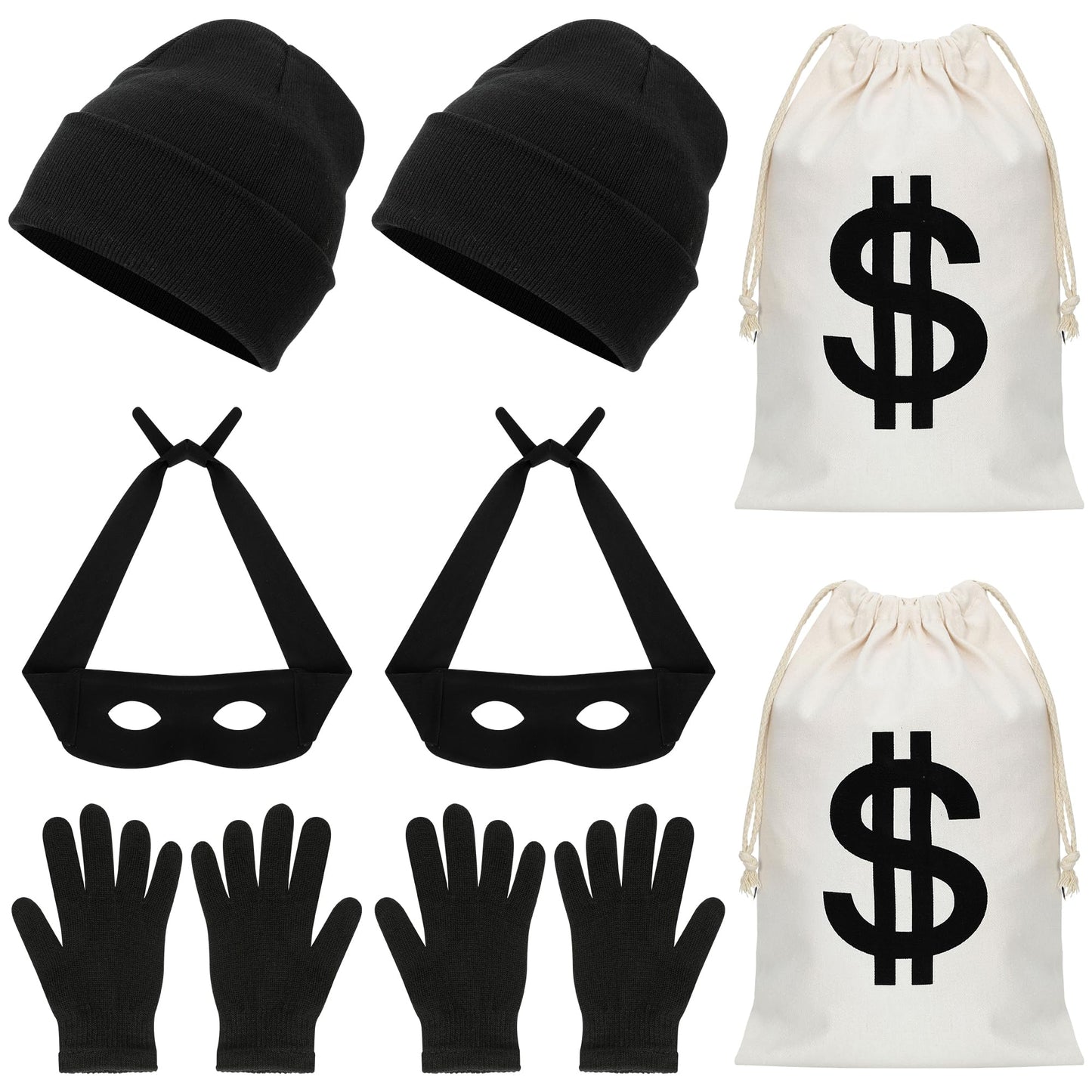 QZYL 8 PCS Robber Costume Set, Thief Cosplay Beanie Cap Gloves Eye Masks Canvas Money Bags for Halloween Burglar Theme Party