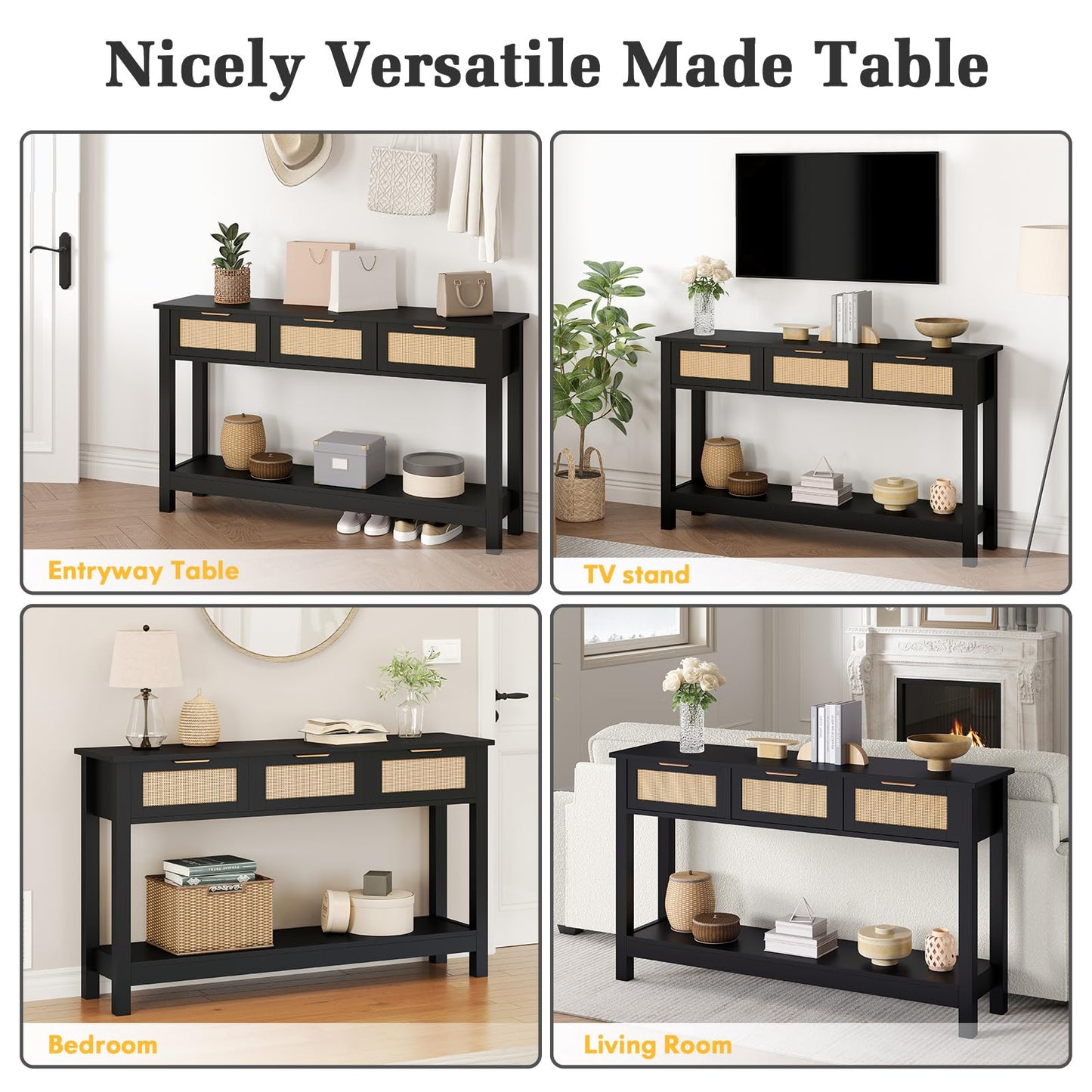 Luoxiao Entryway Console Table with 3 Rattan Drawers - Long Sofa Table Behind Couch Modern Fluted Hallway Living Room Storage Cabinet, Entry Table Open Shelf Foyer Furniture, Anti-Tip, Black, 47 Inch