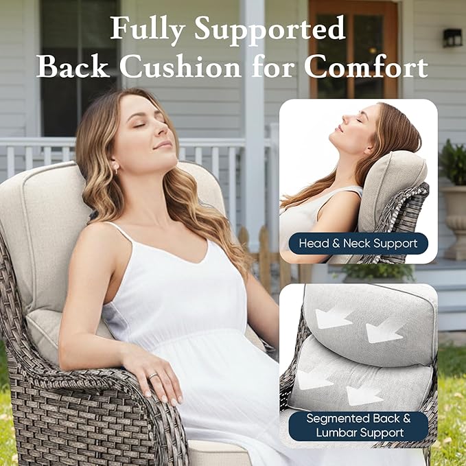 Belord Luxury 6" Thick Cushioned 5 Pieces Patio Furniture Set with 2 Ottomans, Wicker Outdoor Conversation Set with High Back Swivel Rocker Patio Chairs for Deck Porch Yard and Poolside - Grey+Beige