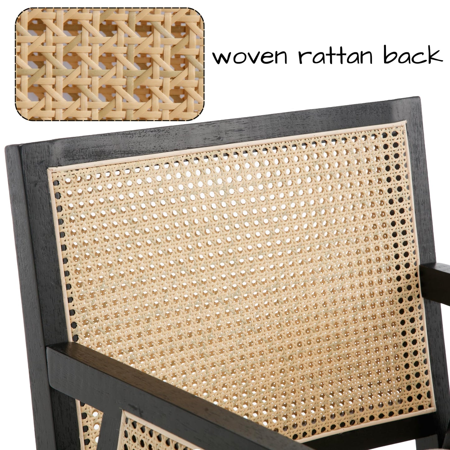 BESTANO Rattan Back Dining Chairs with Arms Set of 2, Mid Century Modern Dining Chairs Linen Fabric Upholstered Kitchen Chairs Side Chairs with Black Wooden Frame for Dining Room, Cream