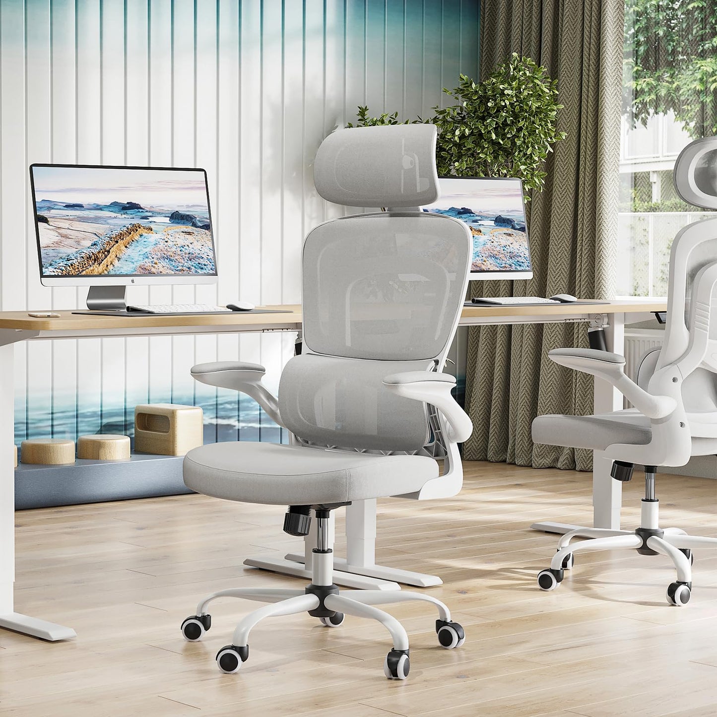 Farini Ergonomic Office Chair, Desk Chair with Headrest and Lumbar Support, High Back Home Office Chair with Flip-up Armrests for Home Office Study Room Bedroom, White & Gray