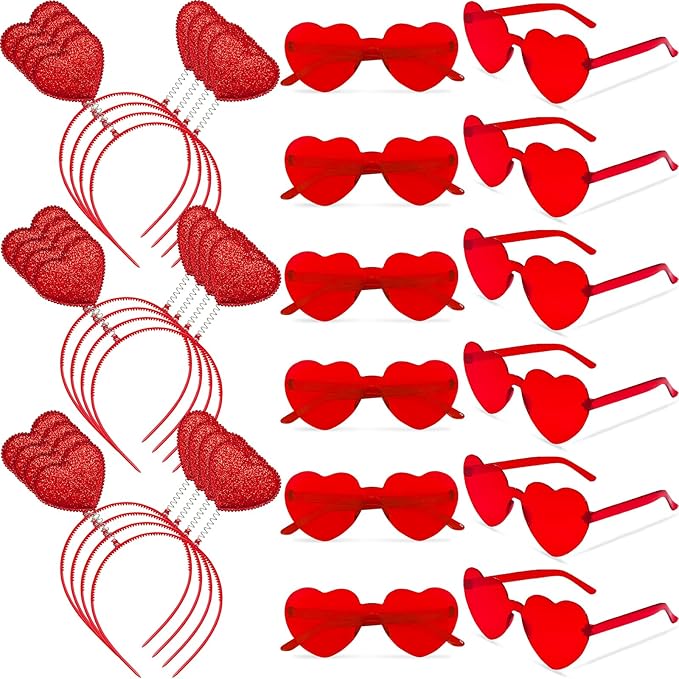 Zddaoole 24 Pcs Valentine's Day Heart Headband and Heart Shape Sunglasses,Red Romantic Head Bopper,Valentines Photo Prop H...