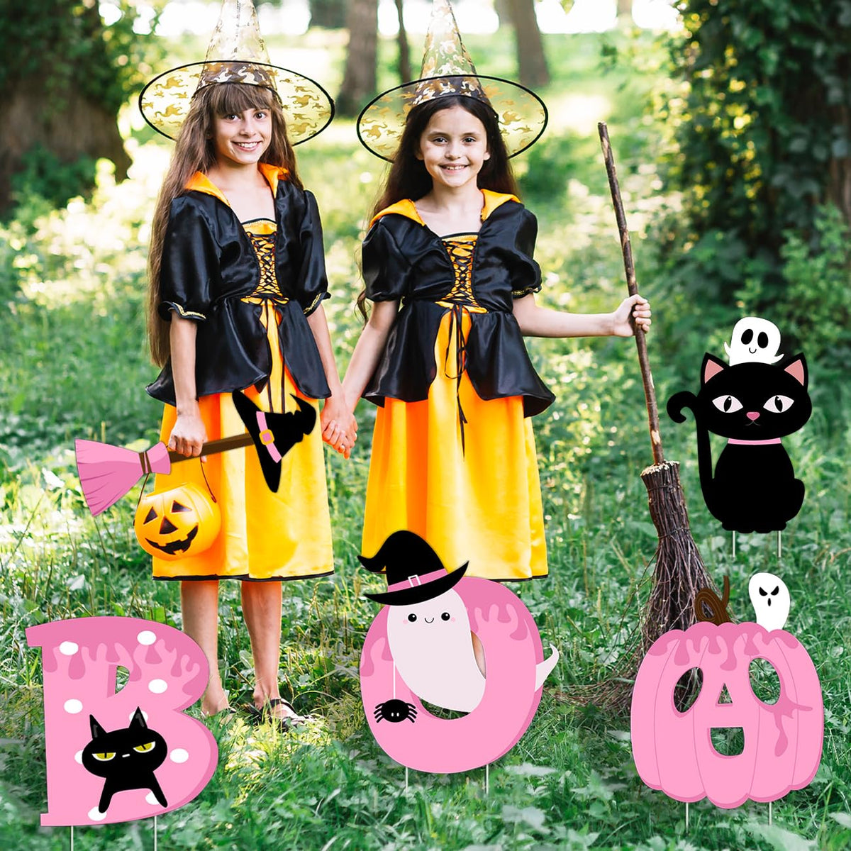 Halloween Decorations Outdoor Pink BOO Yard Signs Happy BOO Day Halloween Yard Decor with Stakes Halloween Pink Pumpkin Lawn Decorations for Garden Home Decor 5PCS