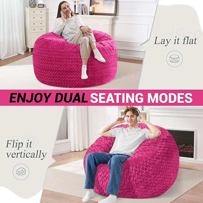 3FT Bean Bag Chair,Giant Bean Bag Chairs for Adults,Big Bean Bags with Memory Foam Filled, Large Beanbag Chairs with Chevron Plush Cover-Pink