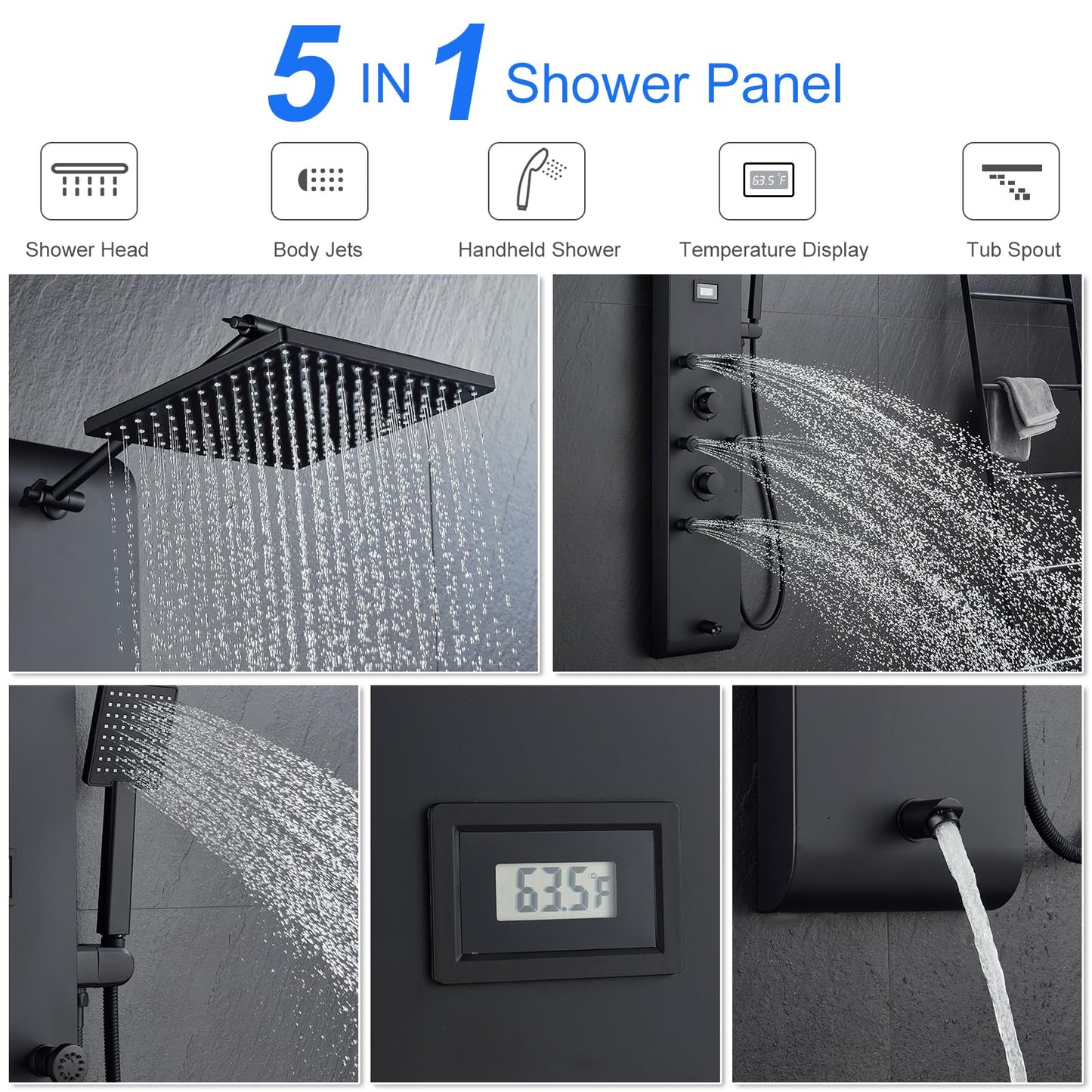 MENATT Stainless Steel Shower Panel Tower System with Height Adjustable Rainfall Shower Head, 4 in 1 Shower Panels with 6 Body Jets, Handheld Shower, Tub Spout, Brushed