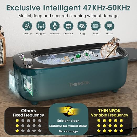 Ultrasonic Jewelry Cleaner, Jewelry Cleaning Machine Smart Variable Frequency 47KHz - 50KHz, Professional Sonic Cleaner with UV for Rings, Glasses, Watches, Dentures, Retainer, Earrings, Necklaces
