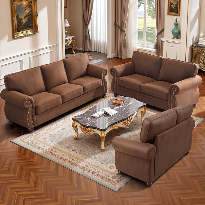 Couchus Living Room Furniture Sets,Sofa Sets and Couch Sets for Living Room,Mid-Century Vintage Sofa Couches with Rivet Design (Caramel, 2 Loveseat+3 Seater)