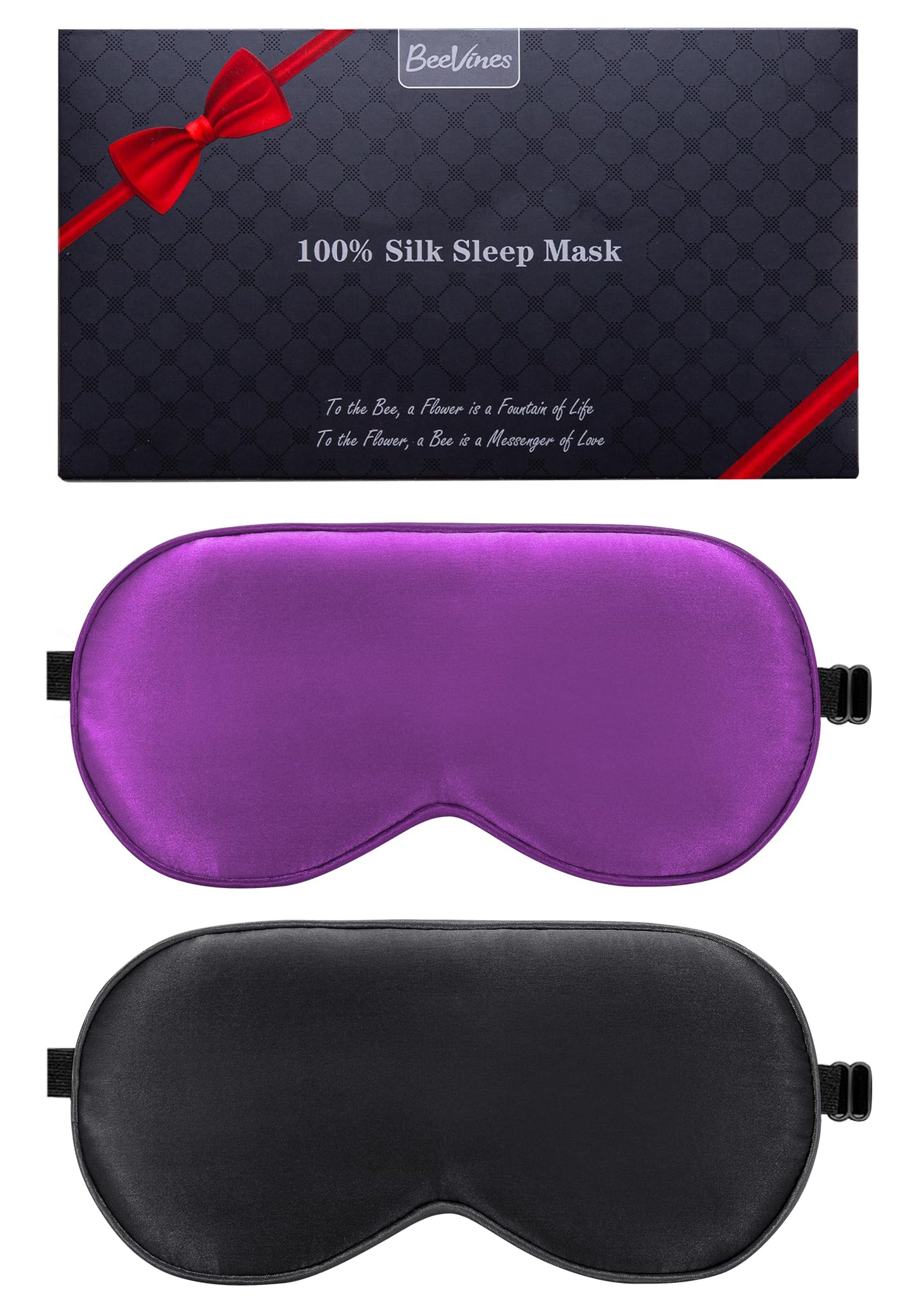 BeeVines 100% Real Mulberry Silk 2 Pack Sleep Mask, Pure Silk Eye Masks with Adjustable Strap for Sleeping, 100% Block Light Eye Shade Cover, Reduces Puffy Eyes Traveling Gifts(Black & Rich Purple)