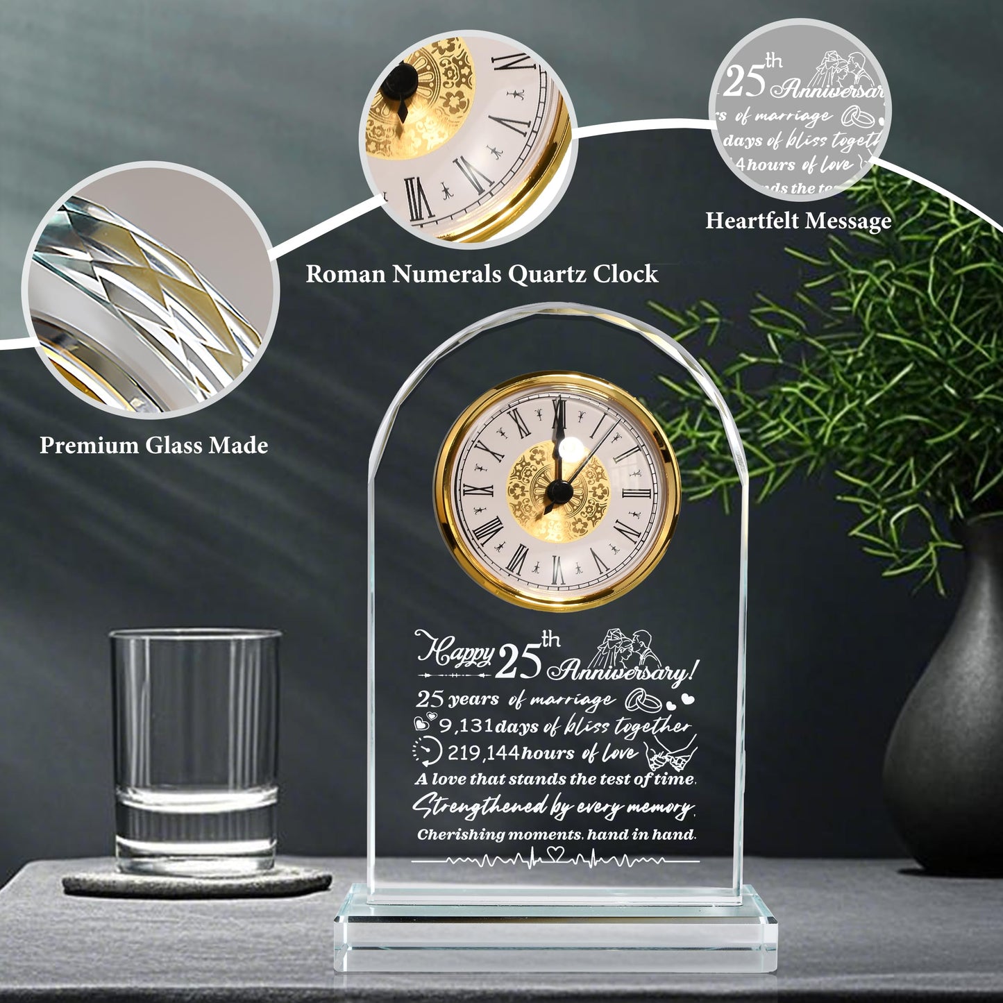 QIANCHANG 25th Wedding Anniversary Crystal Quartz Clock Gifts for Parents, 25 Years Silver for Couple, Happy 25th Anniversary Decoration Gift for Her Him