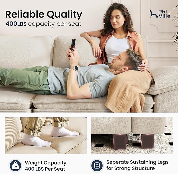 PHI VILLA Cloud Modular Couch Sets, 123.6" Sectional Sofa with L-Shaped Chaise, 4-Seater Upholstered Couches with Movable Ottoman for Living Room, Chenille Fabric, Beige