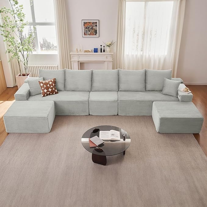 167.7" Sectional Cloud Couch for Living Room, Modular Floor Deep-Seat Sofa, Big Comfy Corduroy Couches Set with Fluffy Memory Foam, Stupendous U Shaped Sofas, No Assembly Required, Grey