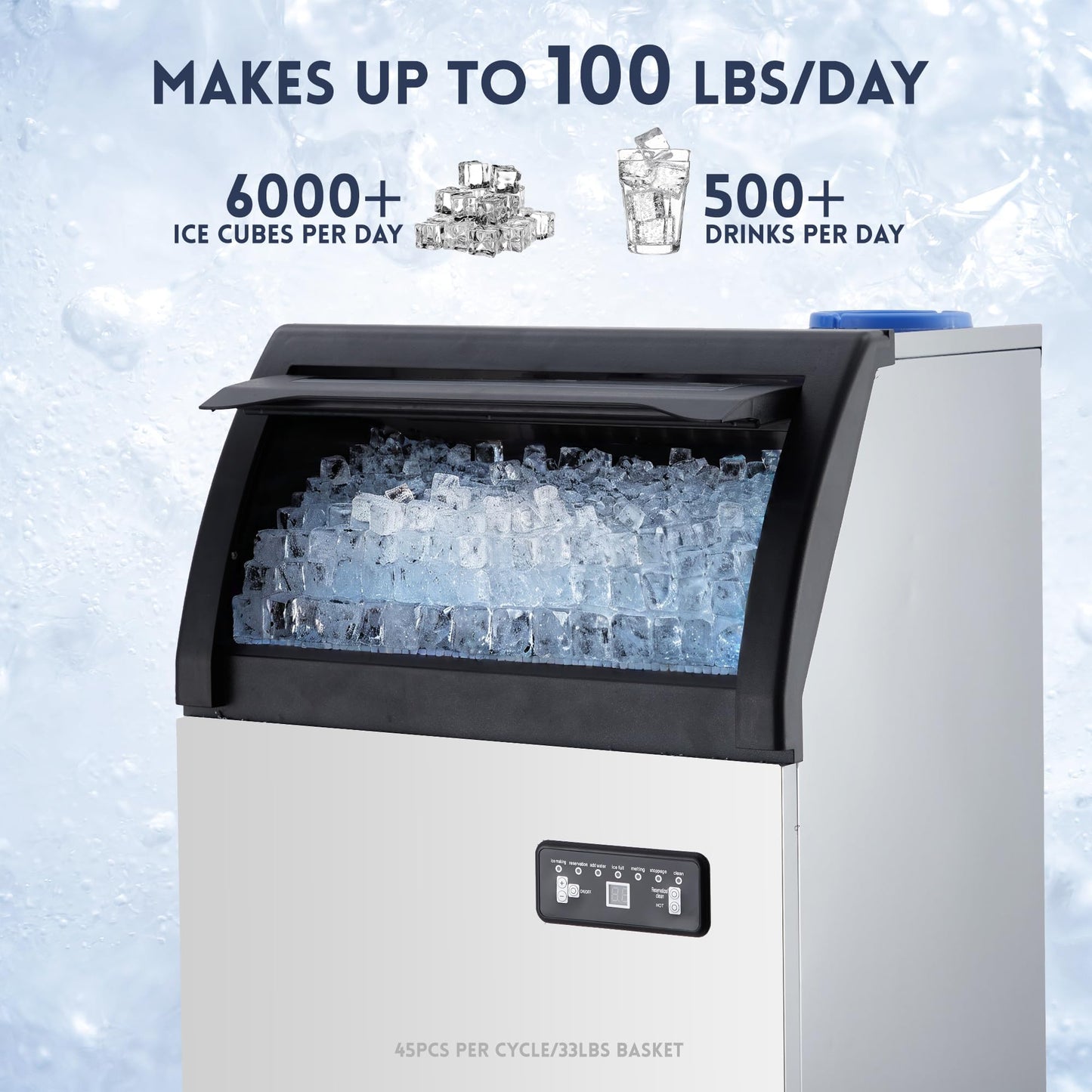 Commercial Ice Maker Machine, 150LBS/24h with 33LBS Ice Storage Bin, Under Counter Countertop Ice Machine, Self-Cleaning, Stainless Steel Freestanding,Ice Scoop, Quiet Compressor for Home and Business