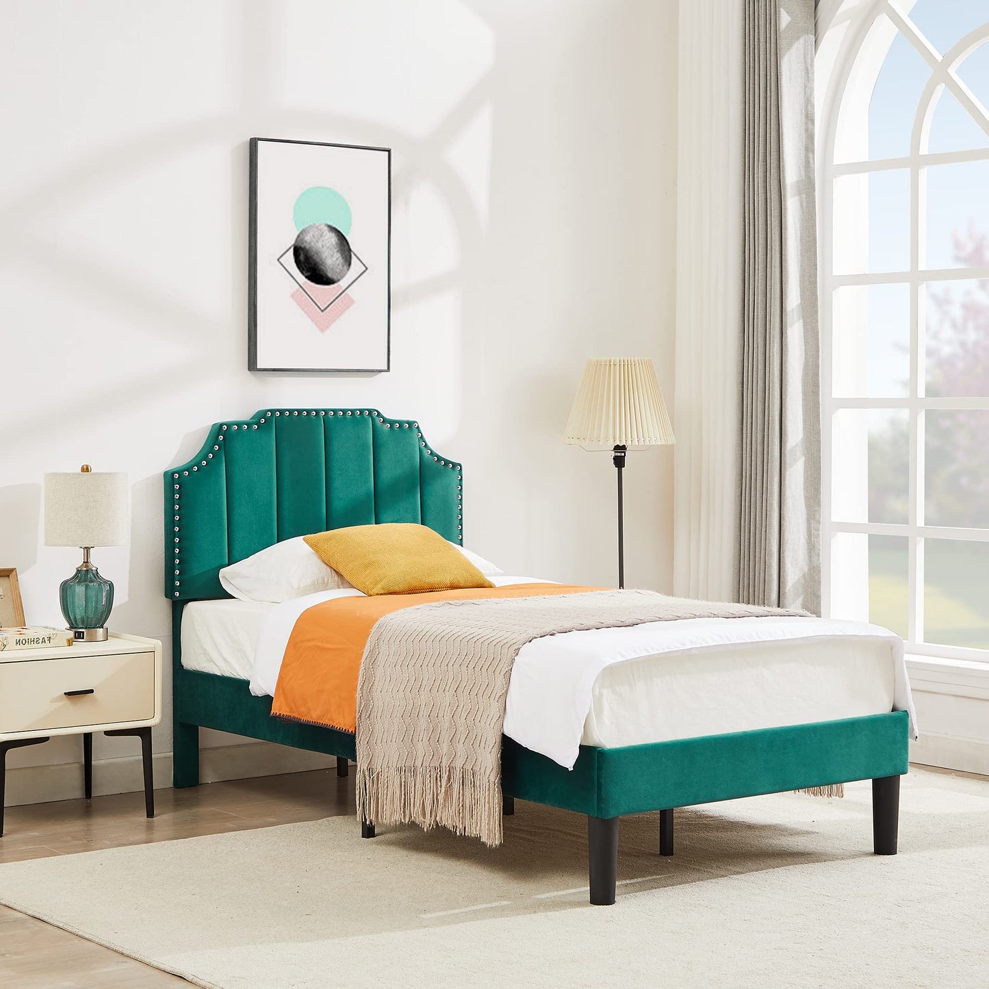 VECELO Twin Upholstered Platform Bed Frame with Tufted Adjustable Headboard/Mattress Foundation/Wood Slat Support,Easy Assembly,Dark Green