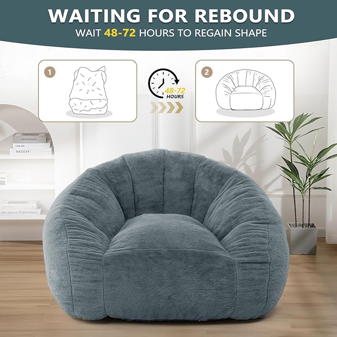 Bean Bag Chair for Adults, Soft Faux Fur Giant Beanbag Chairs, Oversized Cozy Bean Bag Couch Large Reading Chair, Comfy Bean Bag Sofa for Living Room, Bedroom & Dorm, Blue Grey