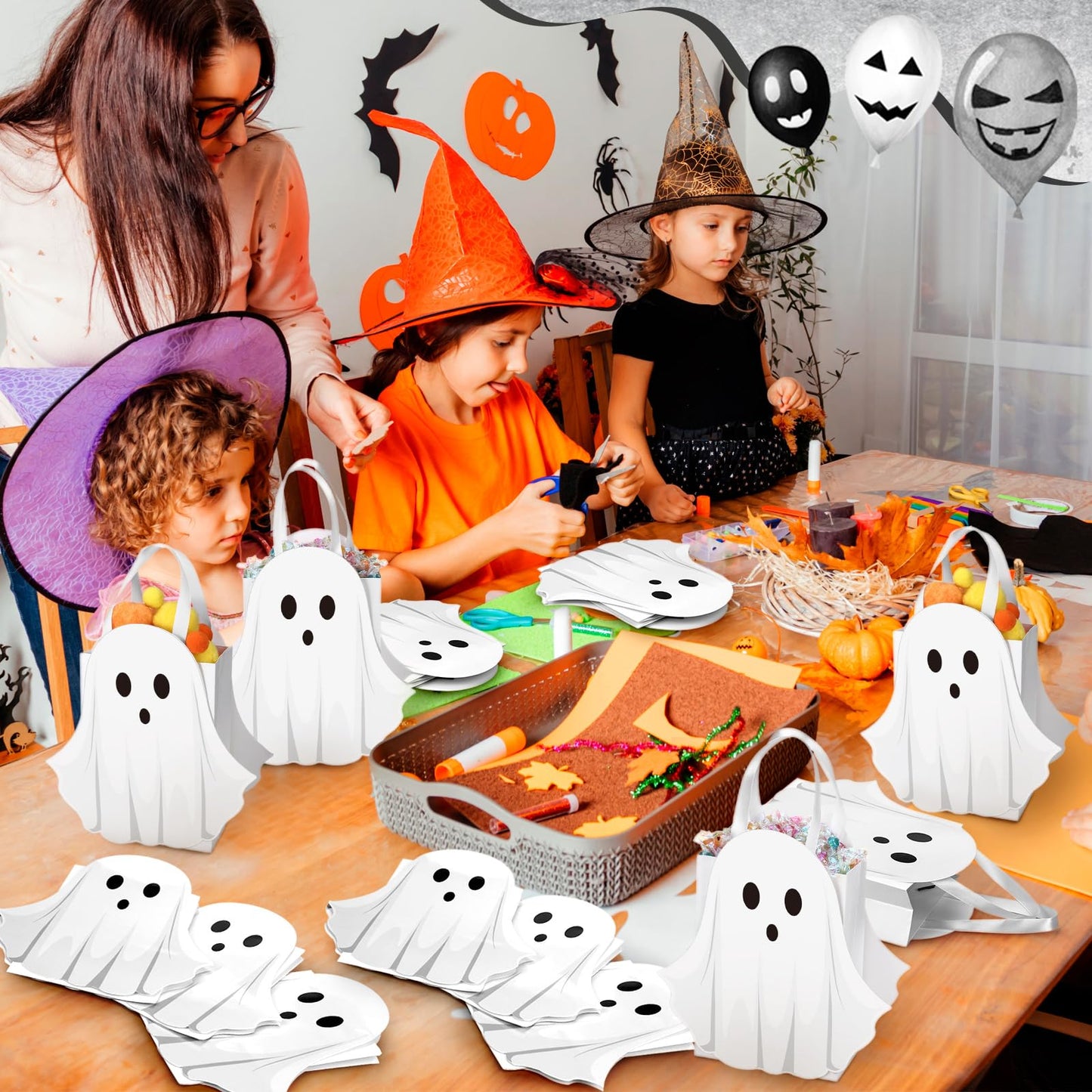 Sweetude 12 Pcs Halloween Ghost Paper Gift Bags Party Favor Bags with Handle for Trick-or-treat Candy Goodie Pastel for Halloween Spooky Birthday Holiday Party Supplies