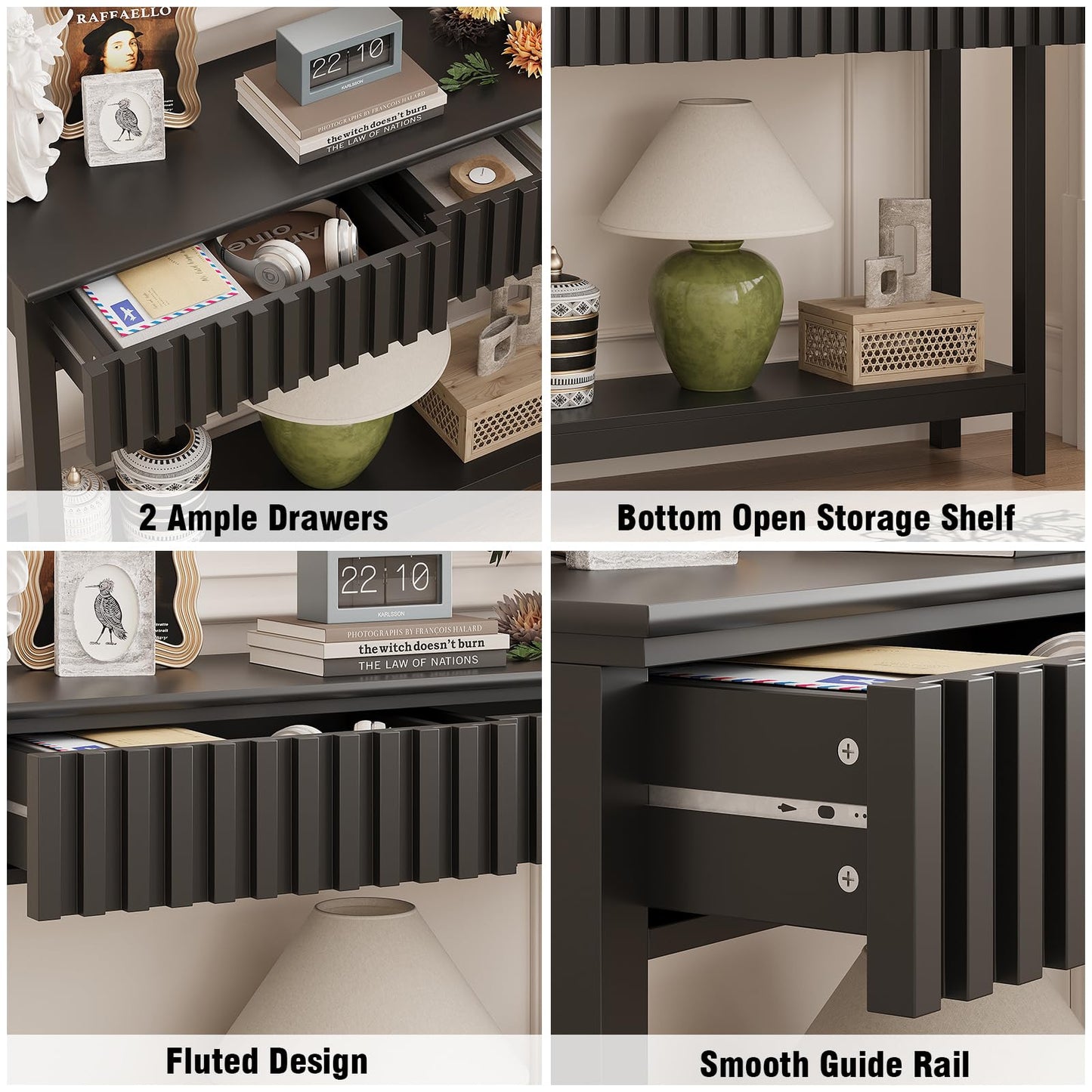 Trironsun Fluted Console Table with 2 Drawers Narrow Sofa Table with Open Storage Shelf Modern Behind Couch Tables Long Entryway Table for Foyer Hallway