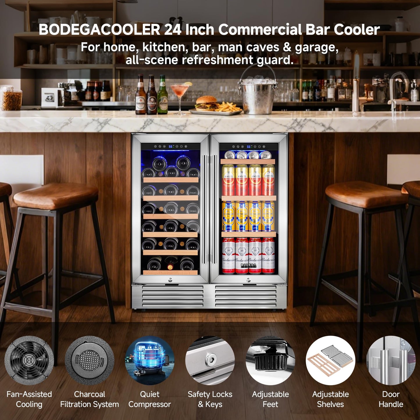 BODEGA 30 Inch Back Bar Cooler with 2 Glass Doors, Commercial Wine & Beverage Refrigerator, Holds 31 Bottles & 92 Cans Dual Zone Drink Fridge, for Beer,Soda Drinks,Wine
