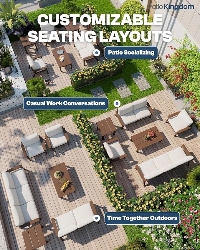 Patio Kingdom Patio Furniture Set with Washable Thick Beige Cushions, Coffee Table & Side Table, HDPE Outdoor Couch, All-Weather Outdoor Sectional Furniture, Patio Conversation Sets (Brown Frame)
