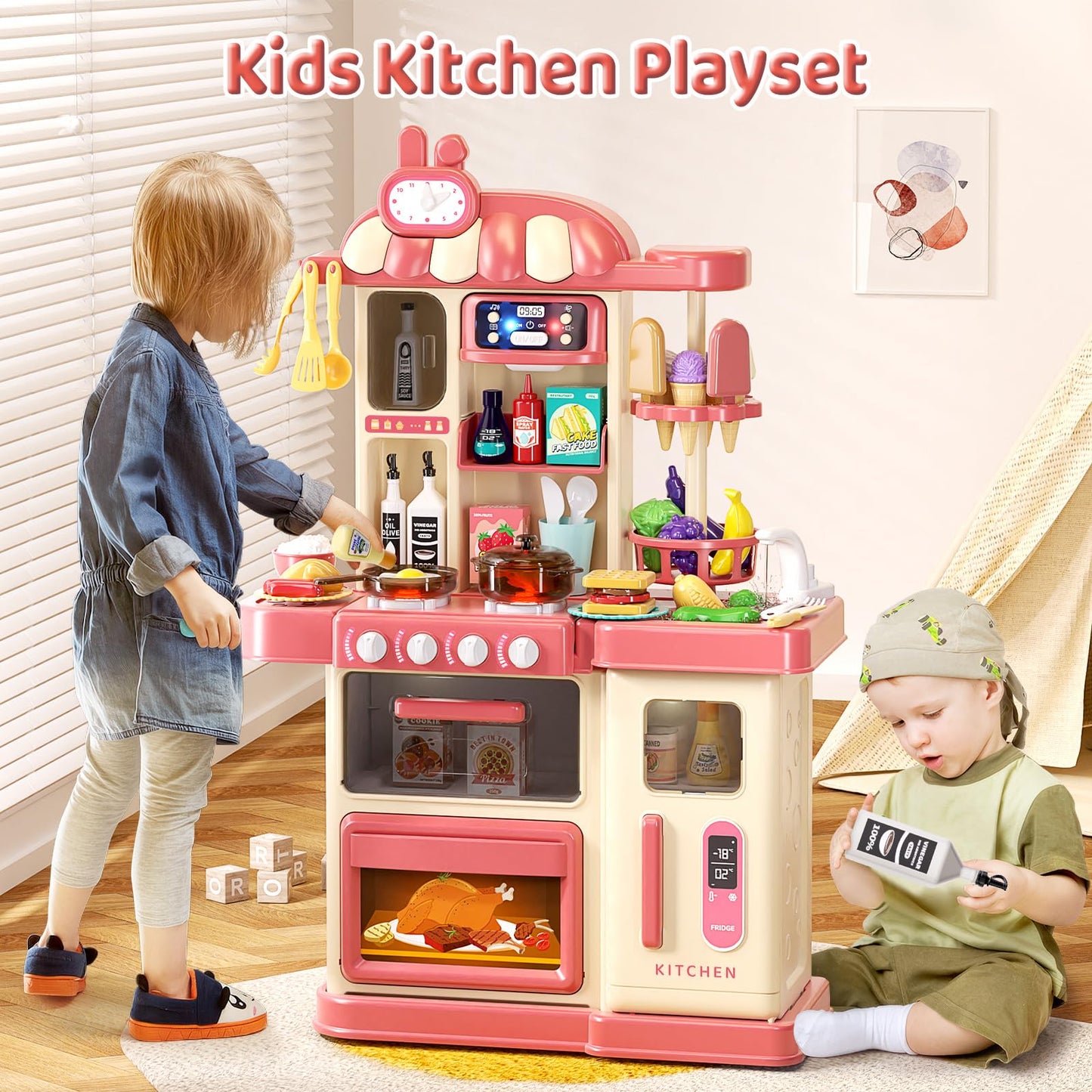 AIQI 47PCS Kids Kitchen Playset with Sound & Light, Cooking Stove with Steam, Play Sink and Toy Kitchen Accessories - Pretend Kitchen Play Food Toys for Boys and Girls, Toddler Kitchen Set (Red)