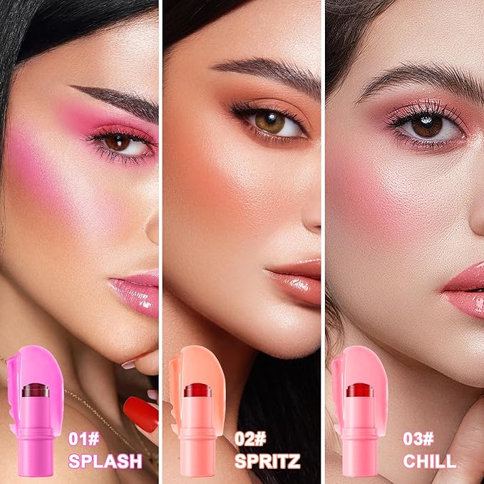 3 Pcs Jelly Blush Contour Stick for Cheeks Eyes Lips Lightweight Dewy Finish Blush Stick Waterproof Long Lasting Contour Trio Wand Face Makeup Set for Wome (3PCS)