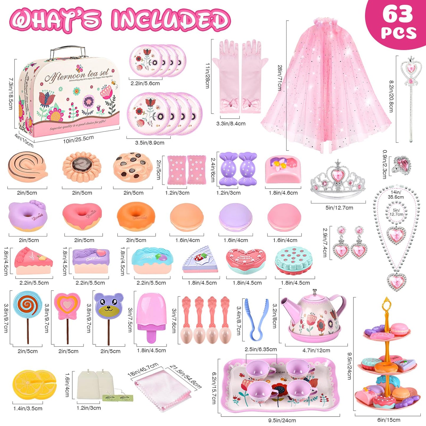 Tea Party Set for Little Girls: 63Pcs Pretend Play Toys, Princess Dress Up Tea Time, Tin Tea Sets for Toddlers 3-5 6 with Dessert, Carrying Case, Kids Kitchen Playset, Birthday Gift for Toddler Girls