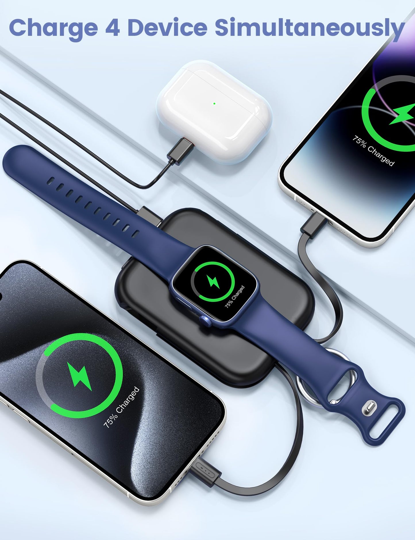 RORRY Portable Charger, 5000mAh Portable Charger Power Bank with Built-in Cables, Travel Keychain Battery Pack for Apple Watch Ultra 2/10/9/8/Ultra/7/6/SE/5, iPhone 16/15/14/13/12, Black