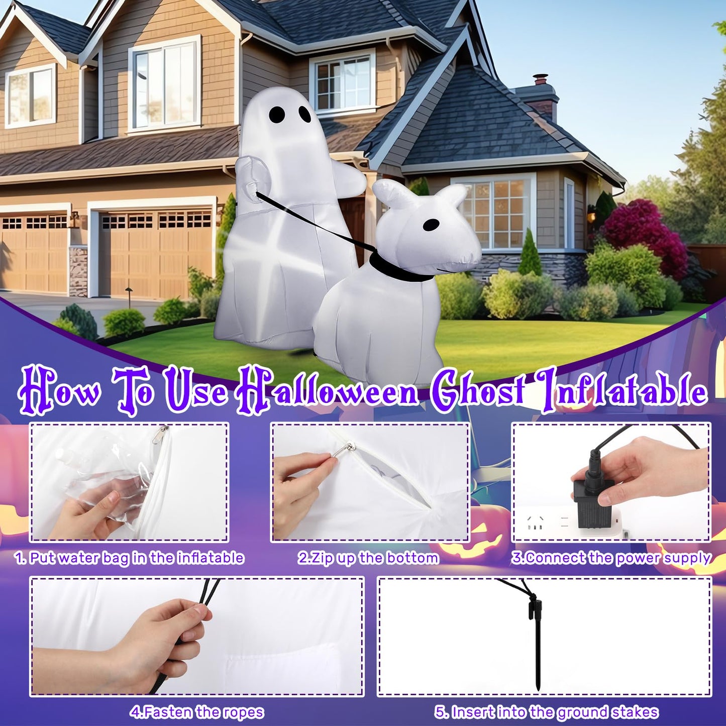 Leyndo 5 ft Halloween Inflatables Ghost Walking Dog Outdoor Decoration Halloween Blow up Yard Decorations with Built-in LED Lights for Garden Lawn Patio Holiday Party Decor