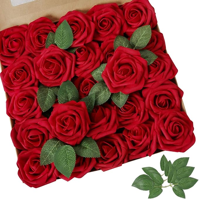 AmyHomie Artificial Flower Dark Red Rose 25pcs Real Looking Fake Roses w/Stem for DIY Wedding Bouquets Centerpieces Arrang...