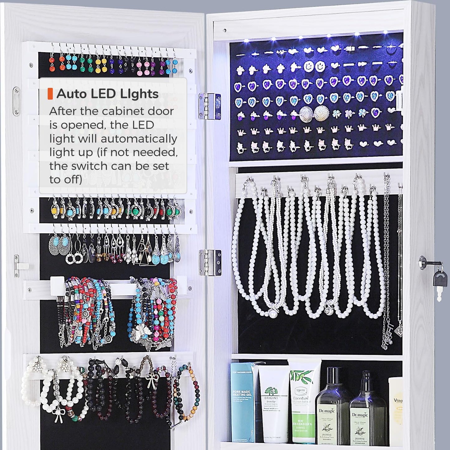 GISSAR Full Length Mirror Jewelry Cabinet, 6 LEDs Jewelry Armoire Wall Mounted Over The Door Hanging, Jewelry Organizer Storage with Lights Lockable White