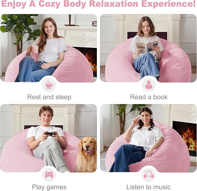 Homguava 4FT Bean Bag Chair for Adults,Teardrop Bean Bags Big Beanbag Chair with Memory Foam Filled and Ultra Soft Removable Corduroy Cover for Living Room, Bedroom (Light Pink)