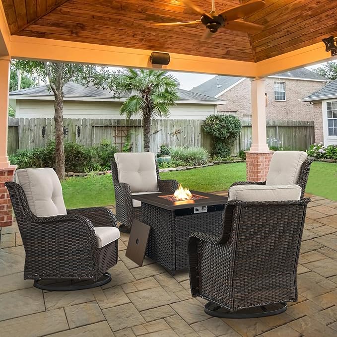 Belord 5 Pieces Patio Wicker Furniture Set - 4 Outdoor Swivel Rocker Glider Chairs with Propane Fire Pit Table, Warm Patio Conversation Set Beige Cushion Perfect for Casual Gathering