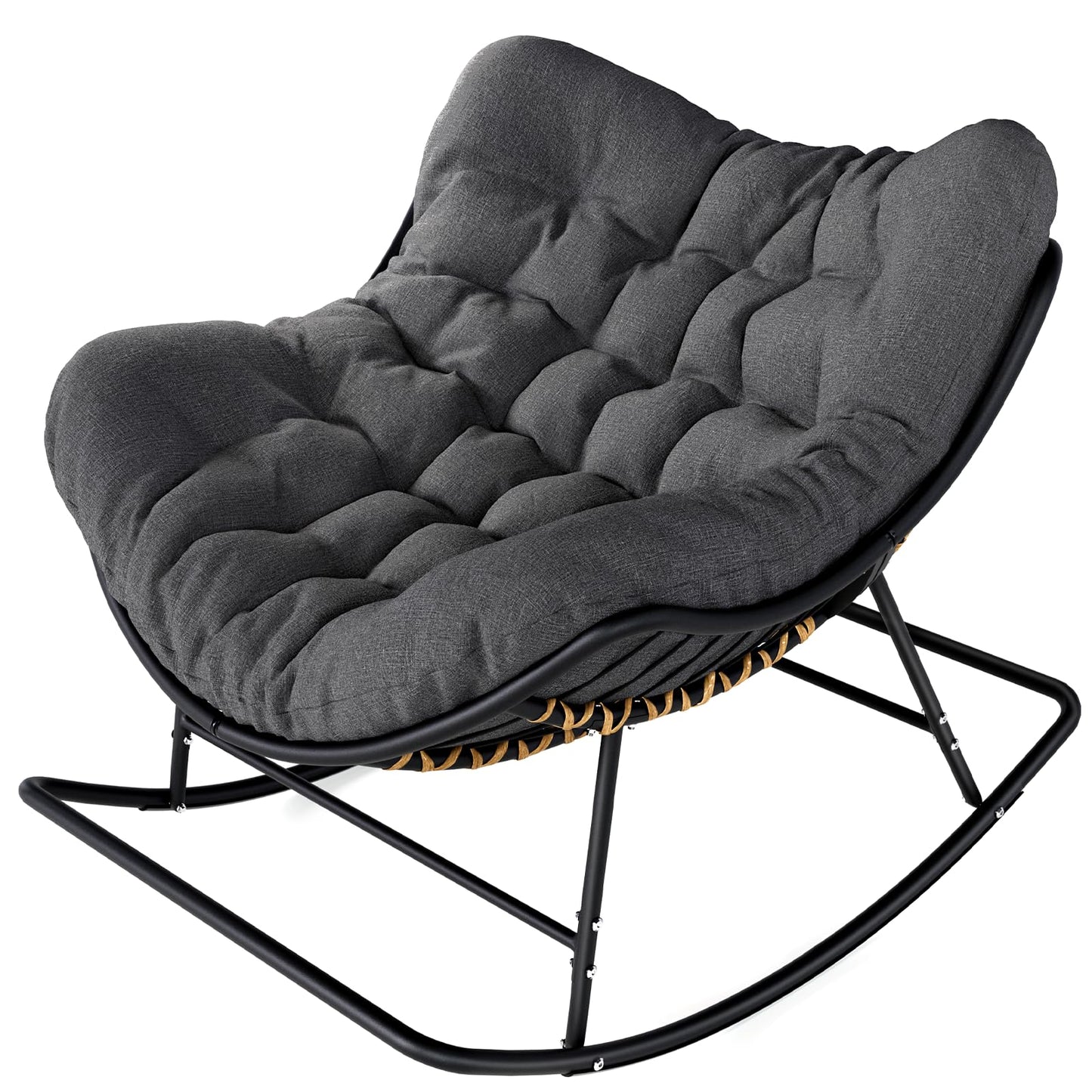 SWITTE Papasan Rocking Chair Outdoor Indoor, Oversized Egg Wicker Rocker with Cushion, Supports 450 lbs, Patio Chair for Balcony or Living Room - Dark Gray