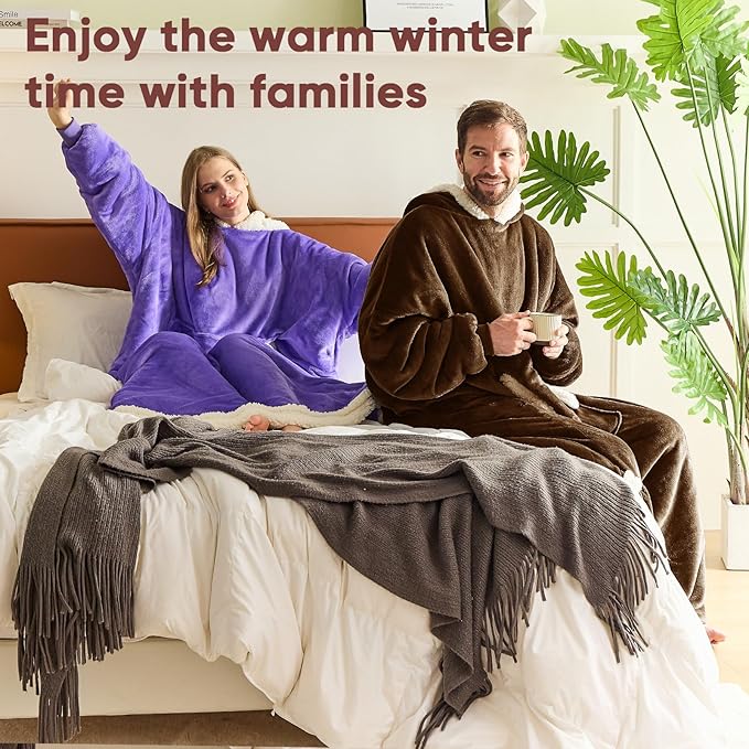yescool Wearable Blanket Hoodie, Flannel Sherpa Fleece Blanket Sweatshirt for Adults Women Men,One Size Fits All