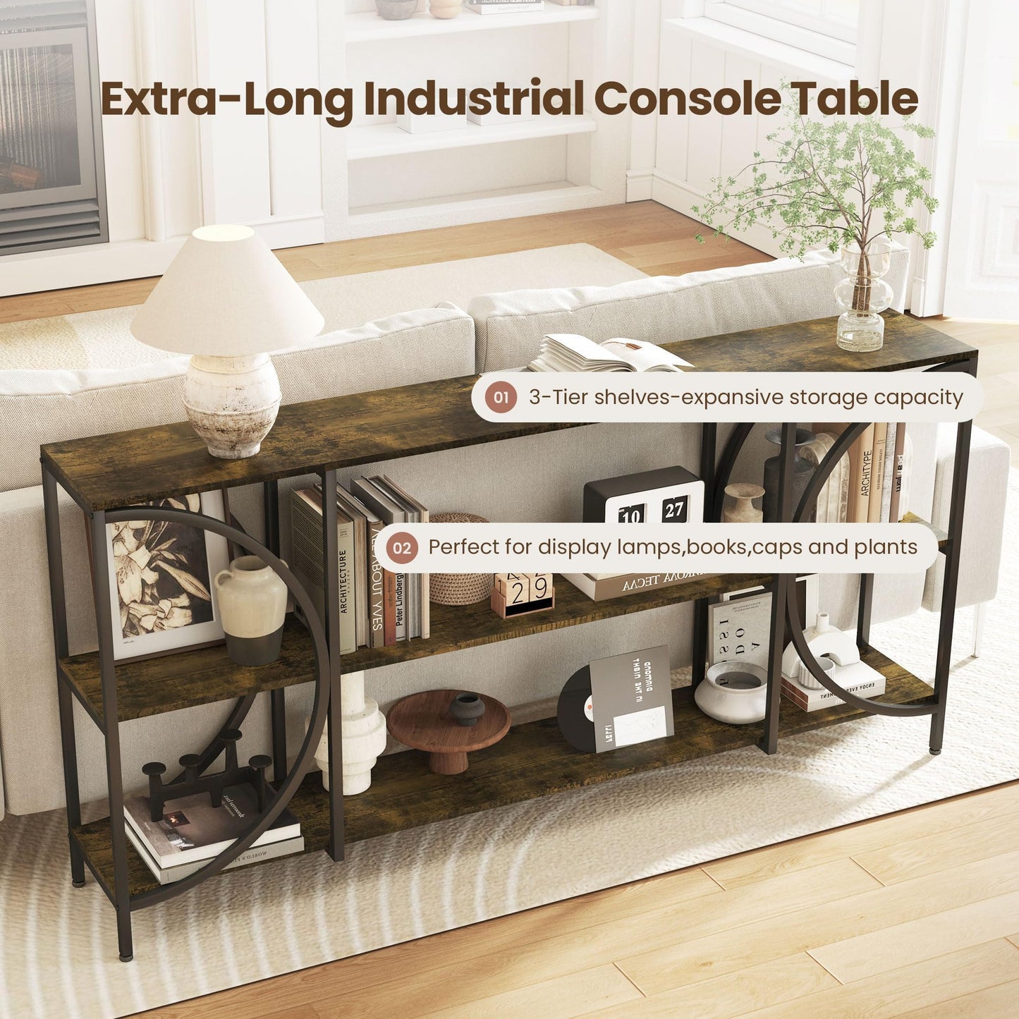 ZYKZYK 70.9 Inch Console Table, Farmhouse Entryway Table with 3-Tier Shelves, Narrow Sofa Table for Hallway Living Room Foyer Office, Rustic Brown