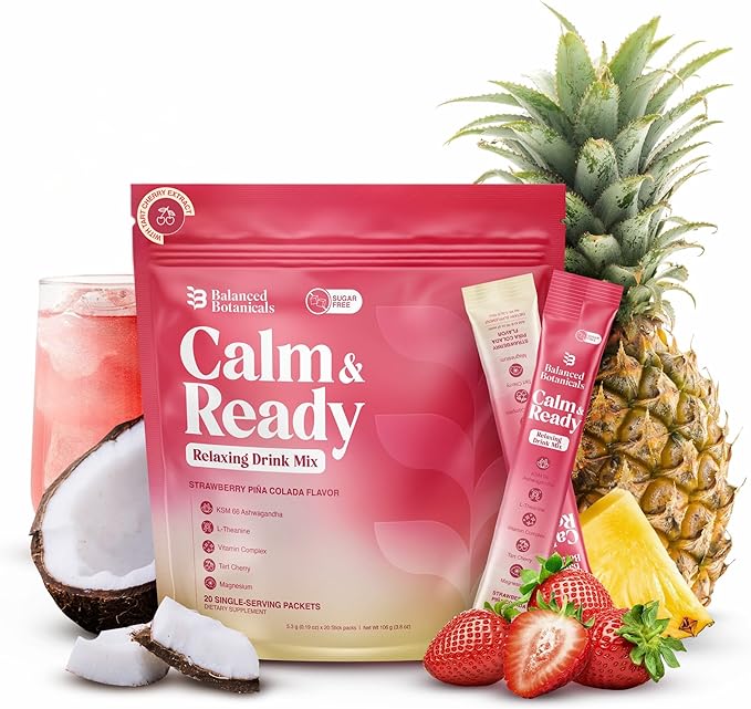 Balanced Botanicals Calm and Ready Powder Drink Mix, with Magnesium Glycinate, Ashwagandha KSM 66, L Theanine, and Tart Ch...