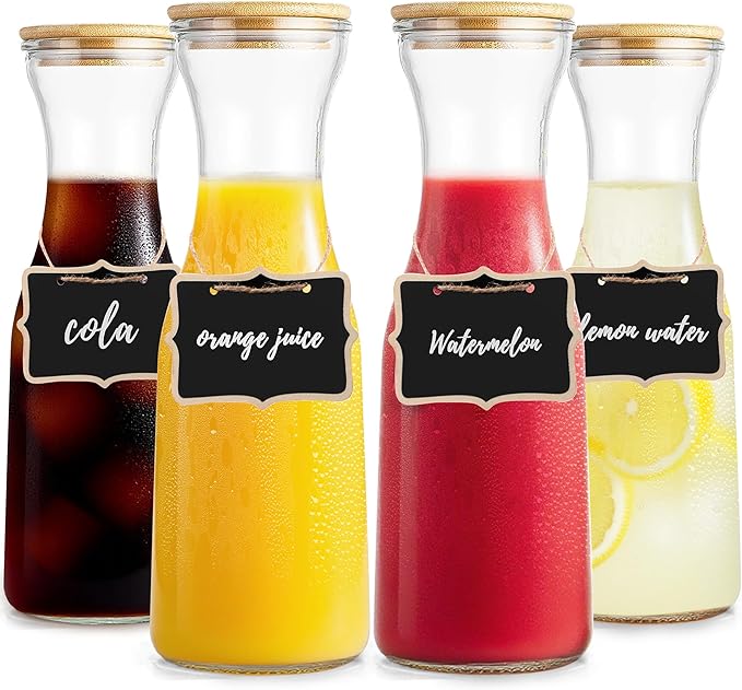 Glass Carafe with Bamboo Lid,35 Oz Beverage Dispensers Carafe,Mimosa Bar Supplies,Clear Glass Pitcher with Name Labels for...