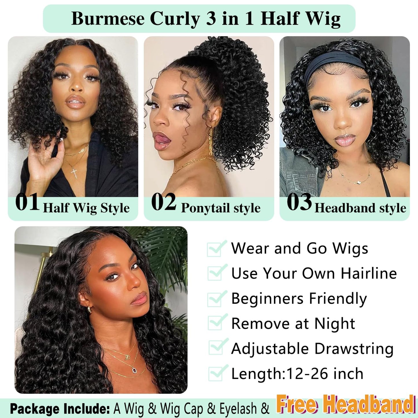 Burmese Curly Half Wigs Human Hair with Drawstring And Spiral End,200% Density Wear And Go Glueless Wigs Curly 3 In 1 Half Wig f