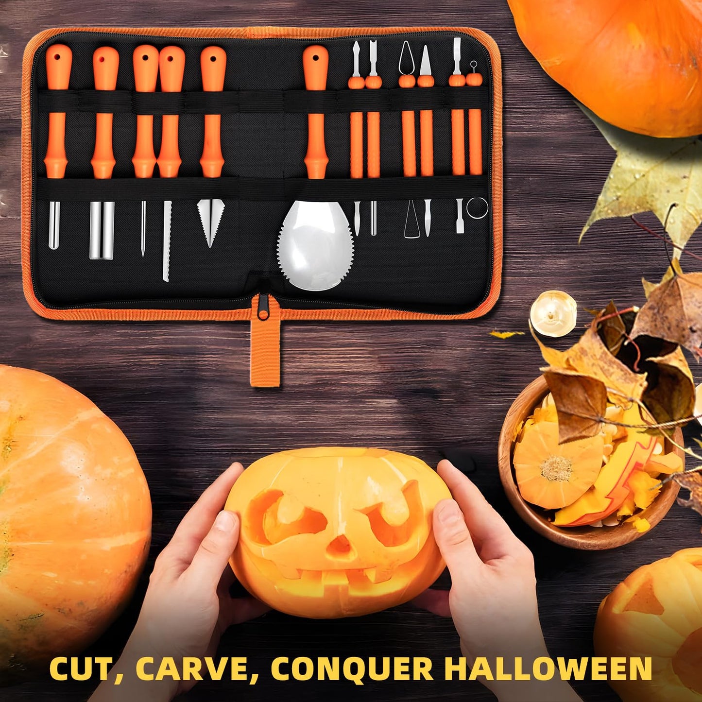 inin 12PCS Halloween Pumpkin Carving Kit with 12 Stencils & Hand Bag,Stainless Steel Pumpkin Carving Tools,Professional Pumpkin Decorating Set,Halloween Decorations for Kids & Adluts.