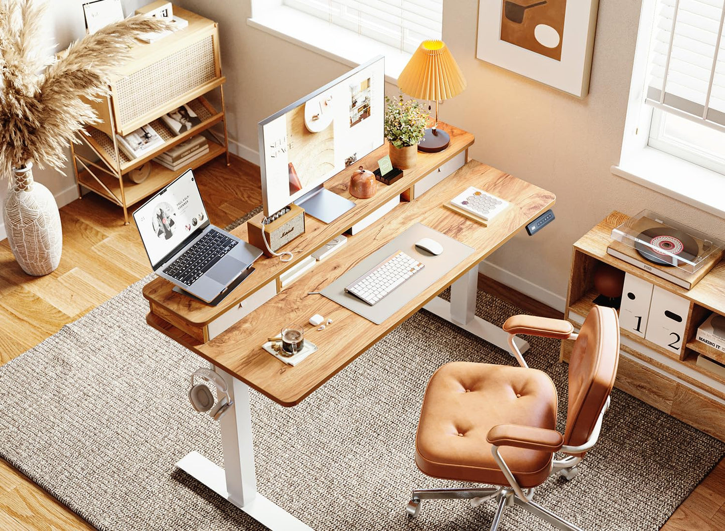 BANTI 48x24 Inch Electric Standing Desk with Dual Drawers, Height Adjustable Stand Up Table, Sit Stand Home Office Desk with Storage Shelf, White Frame/Light Rustic Brown Top