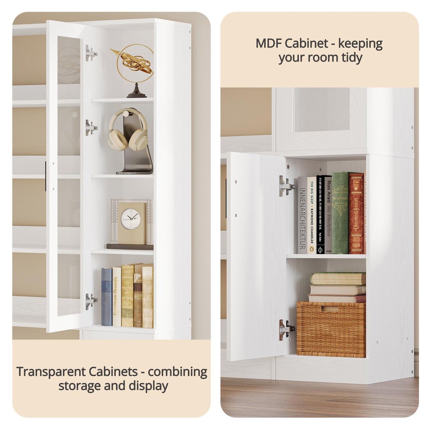 IRONCK Corner Bookshelf, 6-Tier Bookshelf with Doors and Storage, L Shaped Corner Bookshelf for Bedroom, Living Room