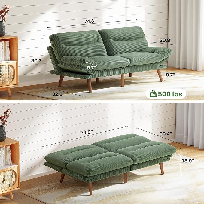 Marsail Futon Sofa Bed, 75” Futon Couch with Adjustable Backrest & Armrests, Convertible Small Sleeper Sofa Bed for Small Apartments, Study Room, Office, Corduroy Loveseat, Green