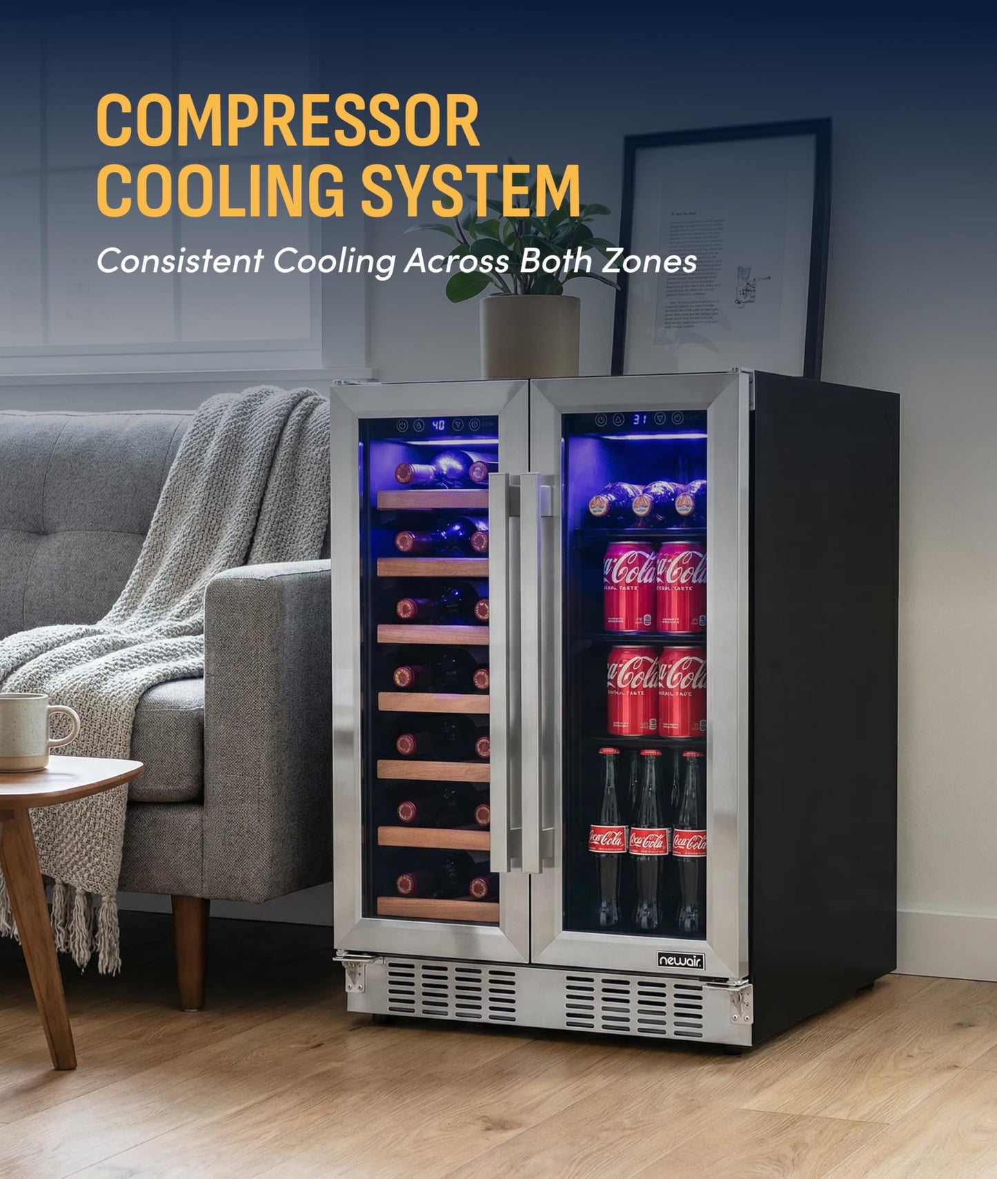 NewAir 24" Dual Zone Beverage Refrigerator & Wine Cooler for 20 Bottles & 78 Cans | Freestanding or Built-In Under Counter Mini Fridge for Beer, Wine and Soda | Stainless Steel