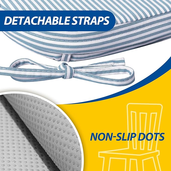 AAAAAcessories D-Shaped Chair Cushions, 2" Thick Dining Chair Pads with Ties and Removable, Machine-Washable Cover, 17" x 16", Set of 8, Pinstripe Blue