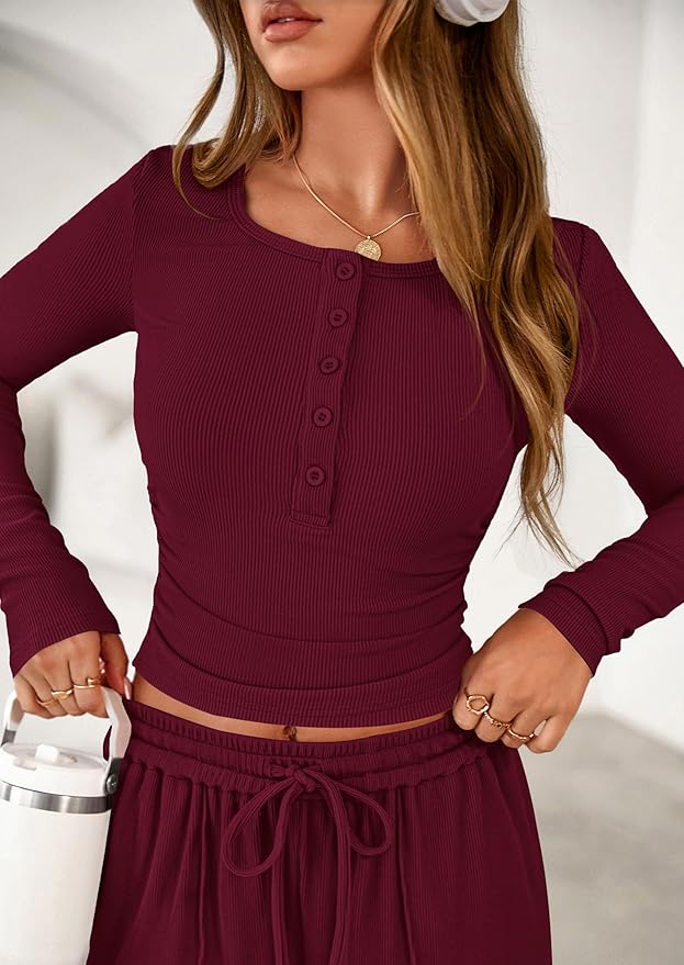 PRETTYGARDEN Women's 2026 Fall Trendy 2 Piece Outfits Lounge Sets Long Sleeve Top Henley Shirts Wide Leg Pants Travel Clothes