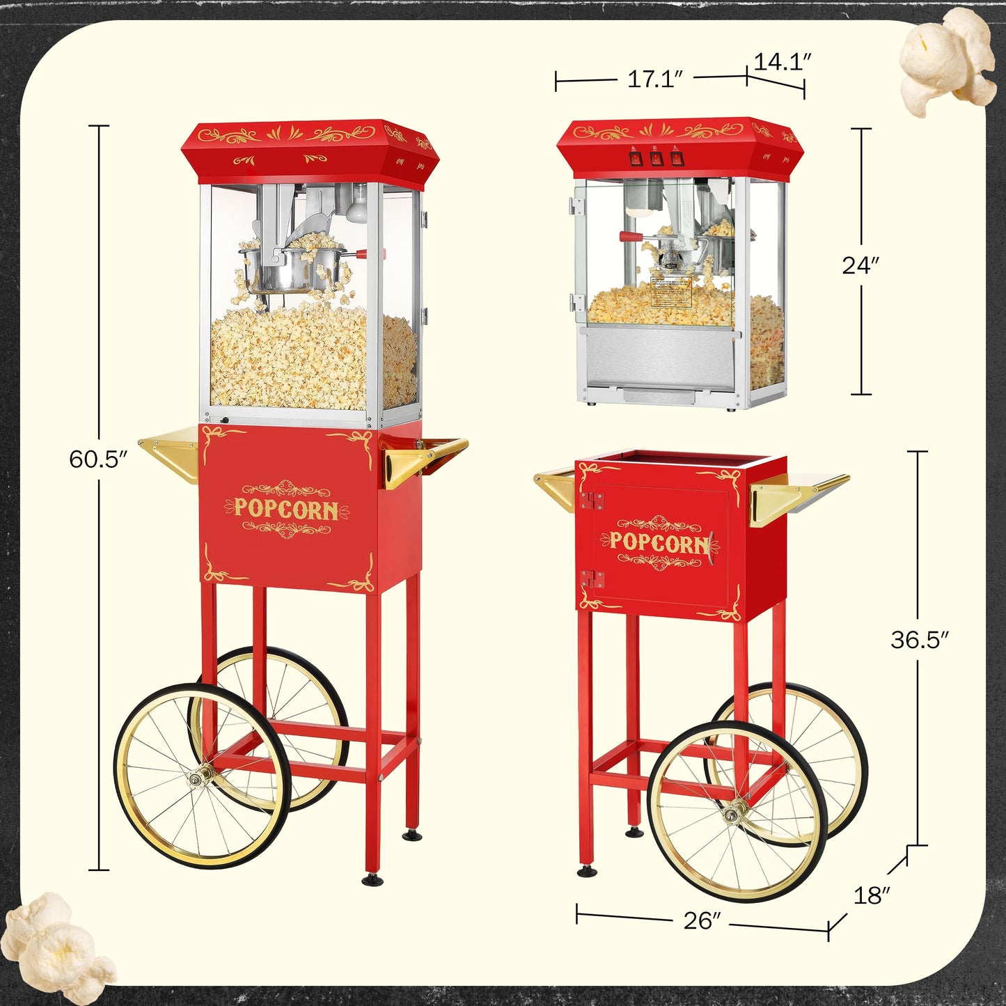 Movie Night Popcorn Machine - 3-Gallon Antique Popper with Cart, 8oz Kettle, Old Maids Drawer, Warming Tray, and Scoop by Great Northern Popcorn (Red)