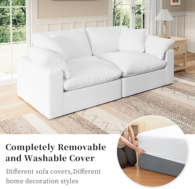 Forest aesthetics Modular Sectional Sofa Cloud Couch,78.6" Down Filled Comfy Cloud Modern Sofa,2 Seater with White Linen Couch Cushion Covers Removable Furniture for Living Room