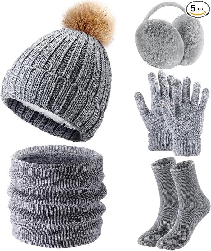 SATINIOR 5 Pcs Winter Hat Scarf Gloves Set Fleece Warm Lined Knit Beanie Hat Touch Screen Earmuff Gloves Warmer for Women(Gray,Cool Style)