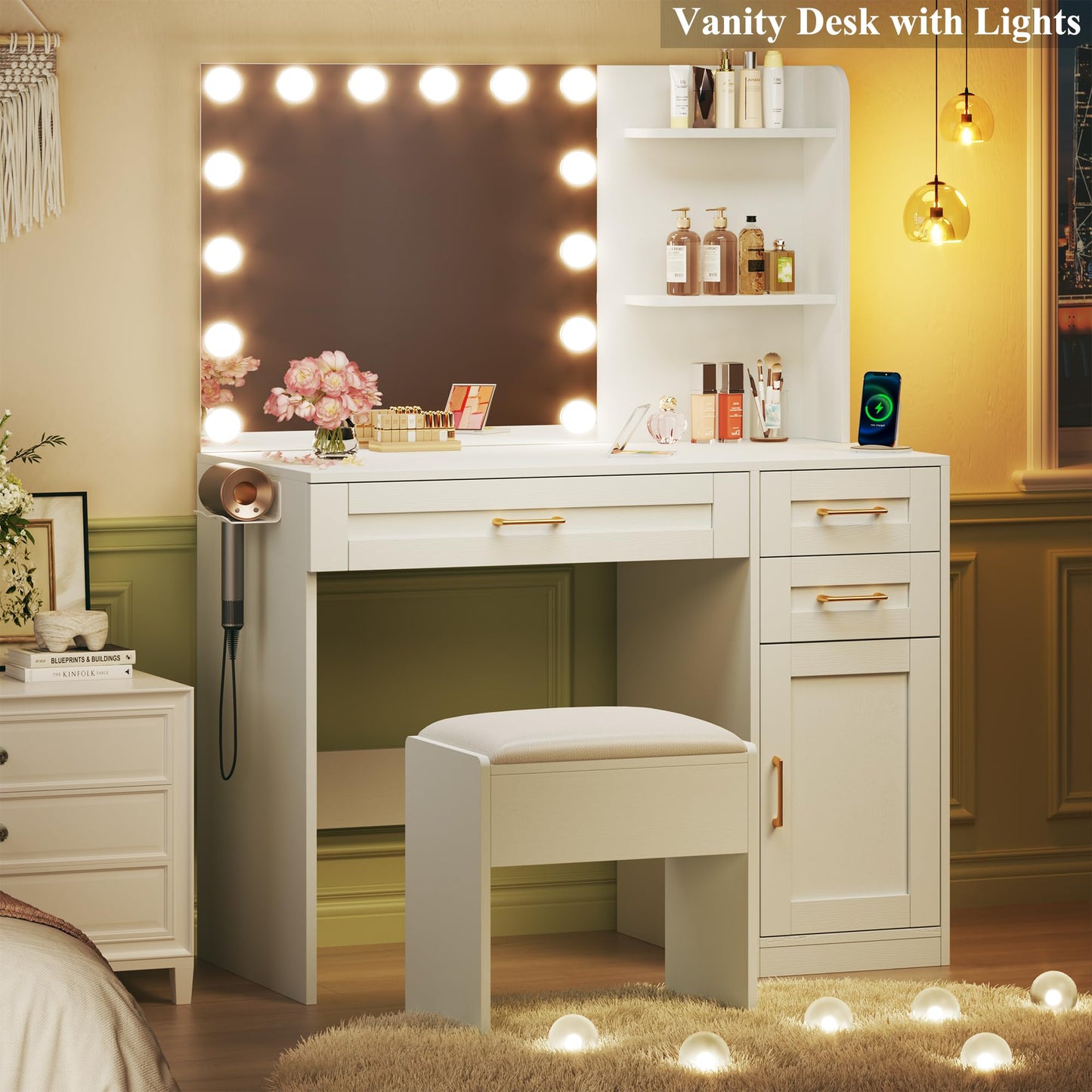 HUAHUU Vanity Desk with Lights, 37inch Makeup Vanity Desk with Mirror & Power Outlet, 3 Colors Lighting Adjustable Brightness, Makeup Vanity Set with Cushioned Chair and Cabinet, 3 Drawers, White