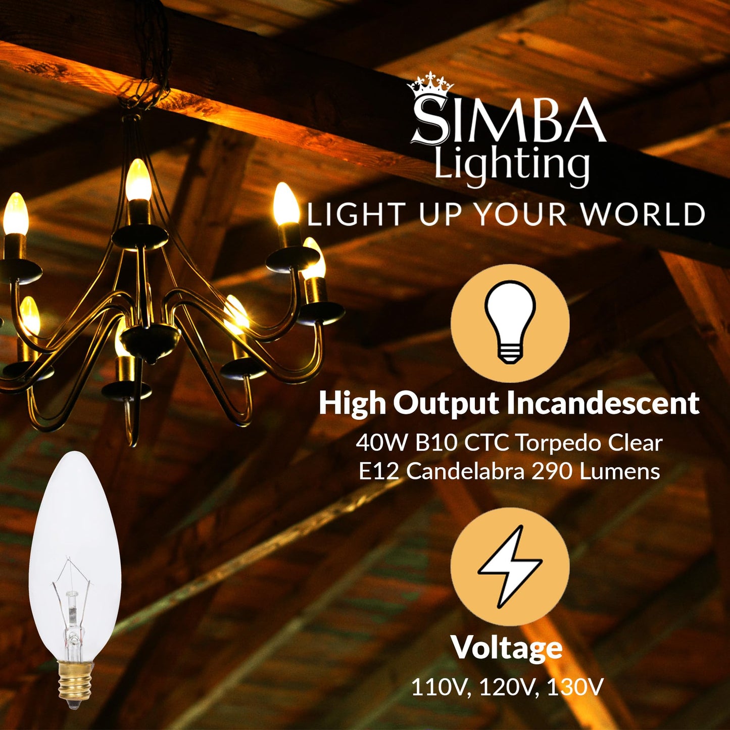 Simba Lighting Candelabra Torpedo Clear B10 CTC 40W E12 Base (12 Pack) Decorative Incandescent Light Bulbs 120V for Chandeliers, Ceiling Fan Lights, Pendants, Wall Sconces, Dimmable, Warm White 2700K